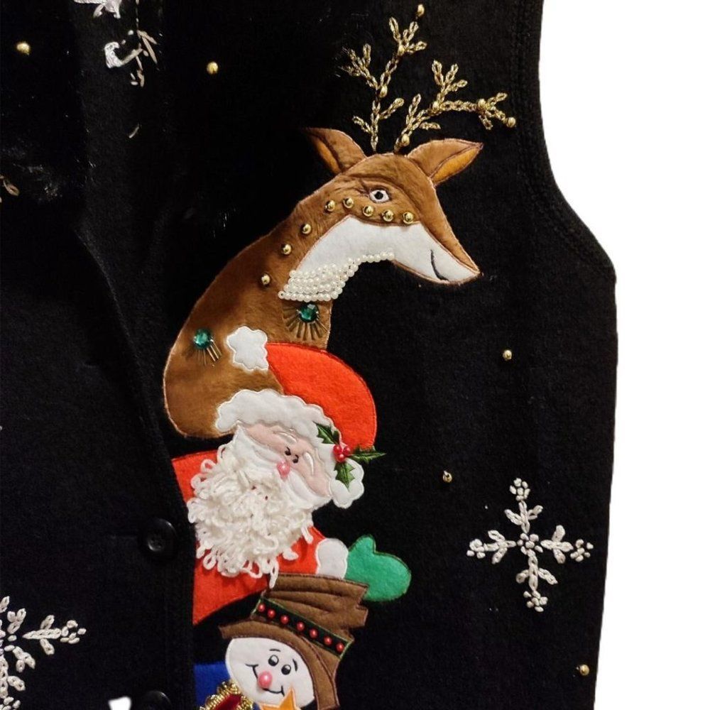Christmas Sweater Vest Boiled Wool Santa Reindeer Removable Faux Fur Collar - Picture 2 of 7